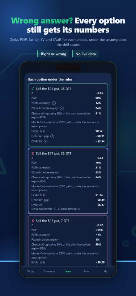 Drill feedback screen: every option listed with its Delta, POP, fat-tail expected value and CVaR, the chosen one marked outside the course rules
