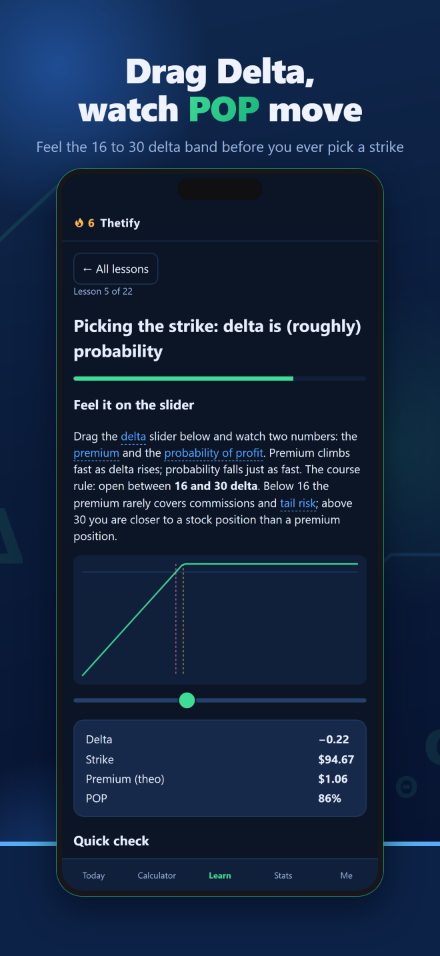 Lesson screen with a Delta slider showing how POP changes across the 16 to 30 delta band